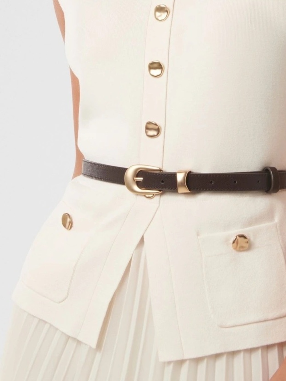 Ever New Ivory Daphne Waistcoat Pleated Midi Belt Dress (Size 2) - Picture 3 of 4